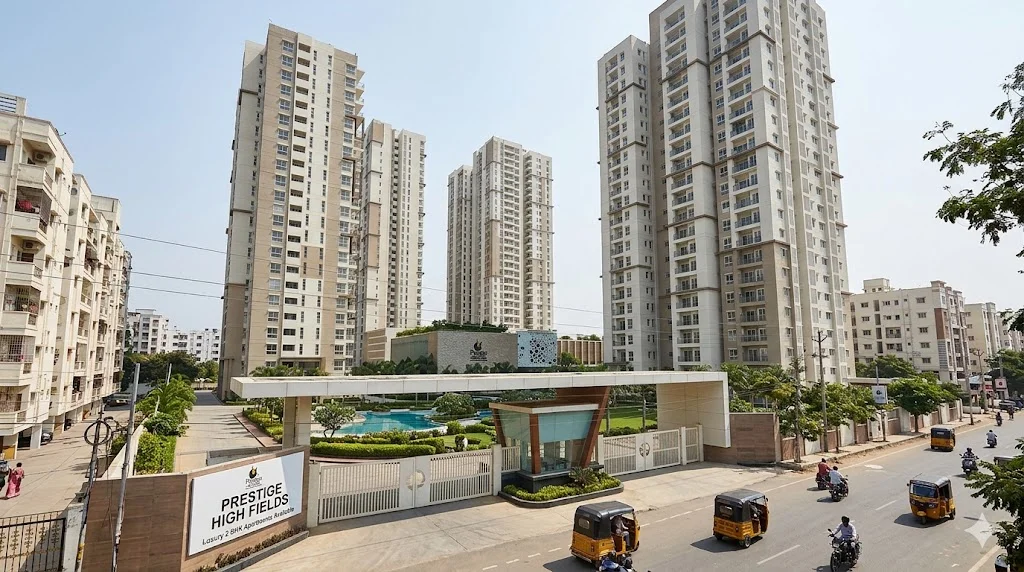 Spacious and well-lit living room interior of a premium 2 BHK apartment by Prestige Group in Hyderabad.